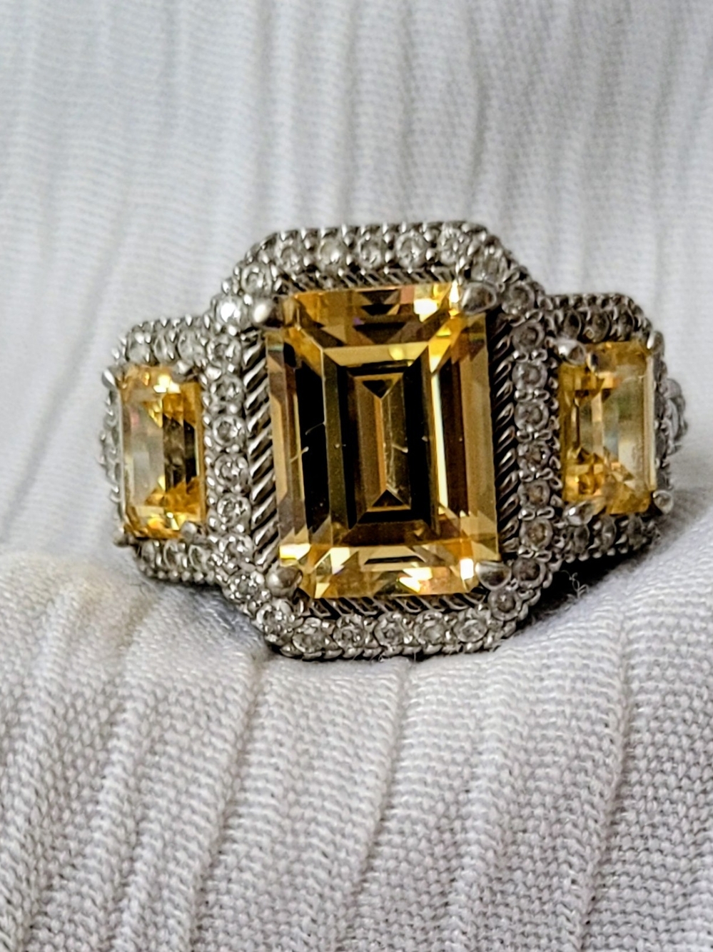 Judith Ripka 925 Yellow Sapphire-Style Emerald Cut Cz Ring Sz 7